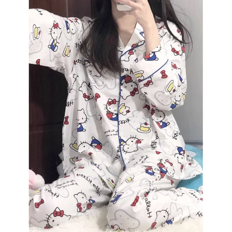 Sanrio Hello Kitty autumn new cute casual cotton pajamas female cartoon animation simple loungewear set