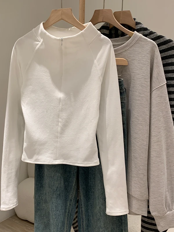 레트로 아메리칸 지퍼 오르트 스웨트셔츠 여성 슬림핏 베이스 레이어 따뜻한 탑 하이 칼라 출퇴근용 폴리에스터 섬유