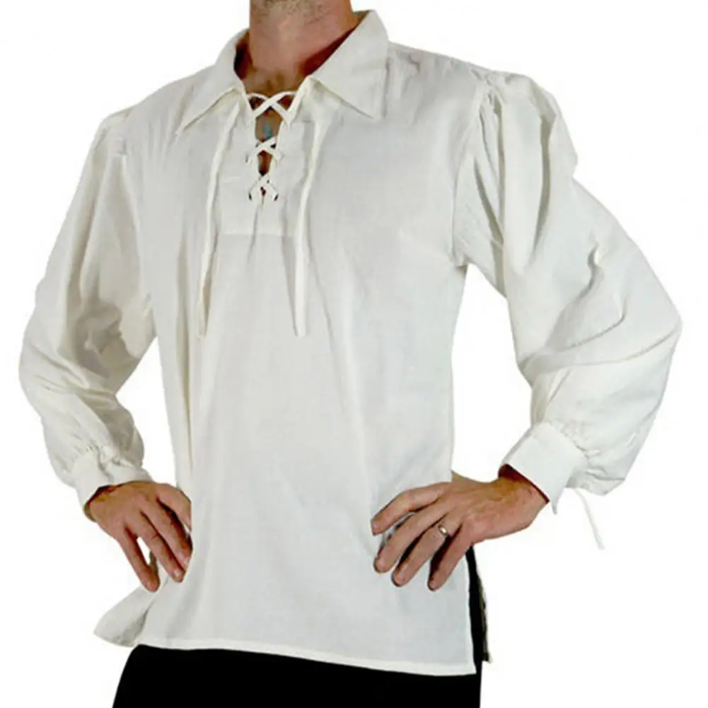 Chemise Renaissance médiévale pour homme avec sangle à revers, chemise cosplay à lacets, manches longues, adt fit pour adulte, costume historique