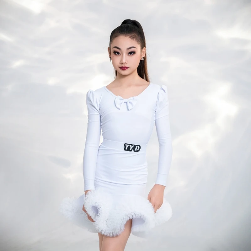 2024 Childrens Latin Dance Competition Costume Girl's Tango Ballroom Waltz Dancing Performance Set Samba Dance White Set VBH1102