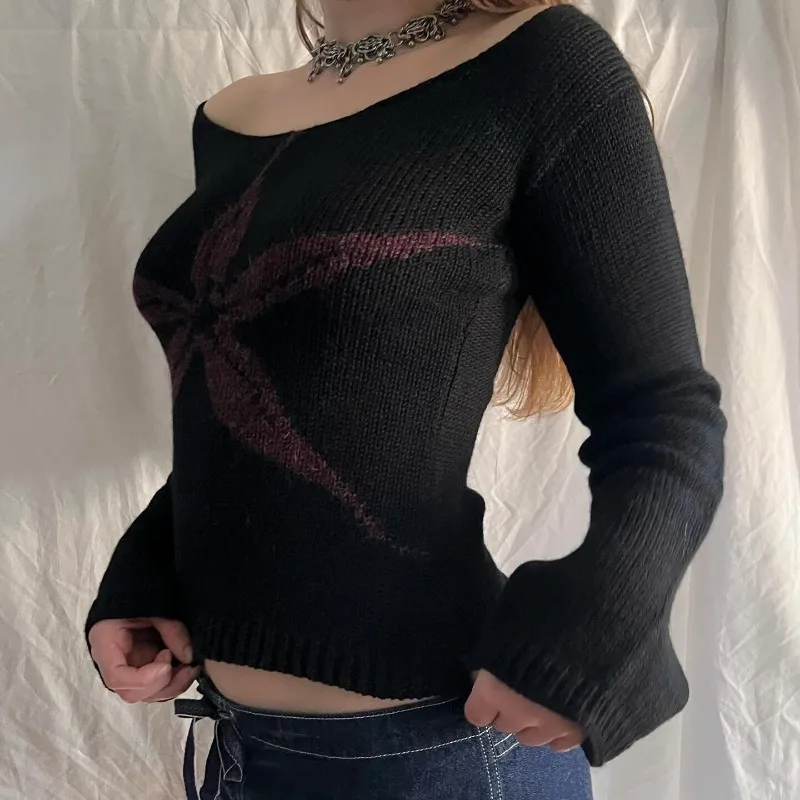 

FL New Women's Knit Tops Off Shoulder Slim Sweater Graphic Print Long Sleeve Knitwear Spring Fall Y2K Aesthetic Streetwear Y2k