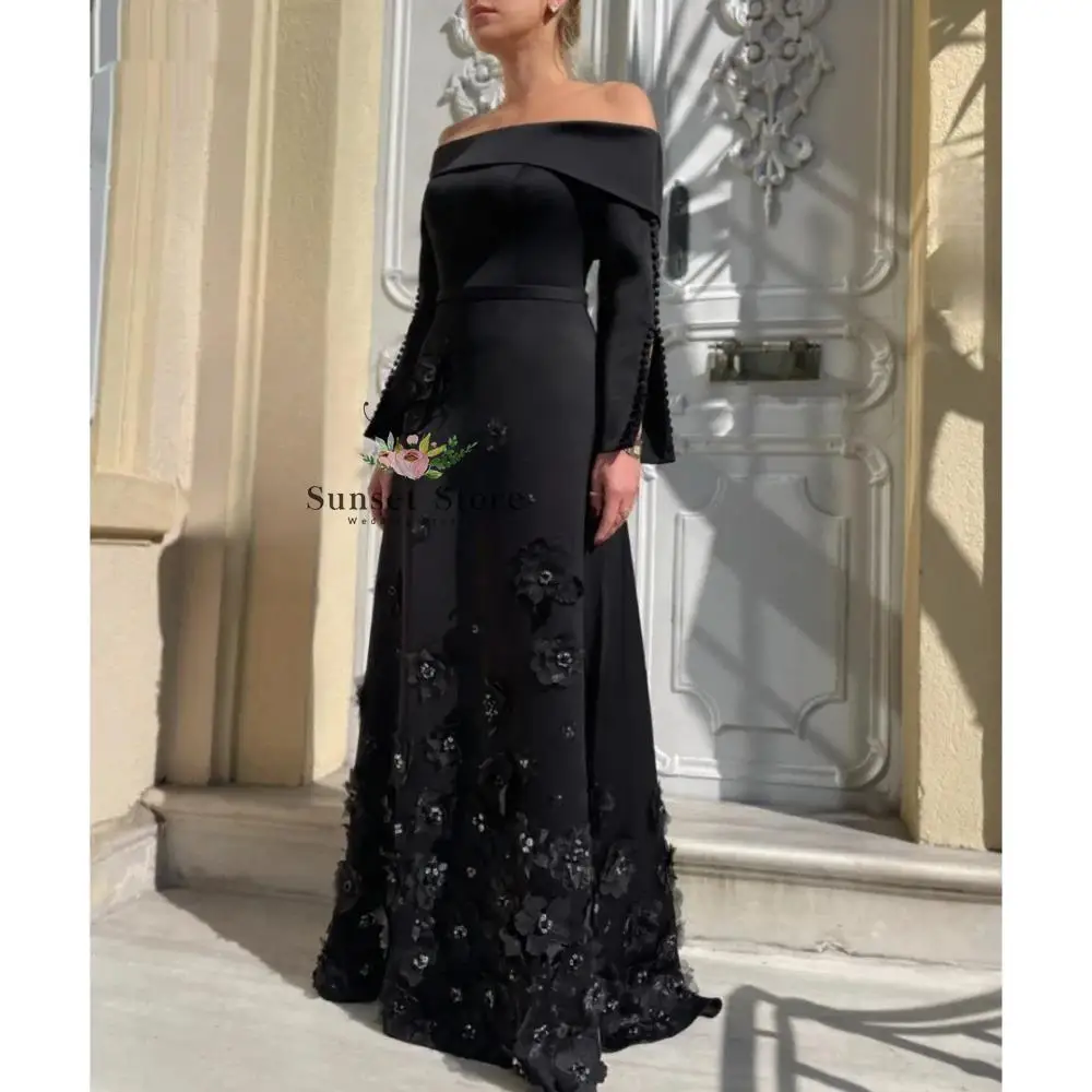 

Customized BlackFour-Way Stretch Strapless Prom Dress 3D Flower Long Sleeves Wedding Dresses Floor-Length vestidos de noche