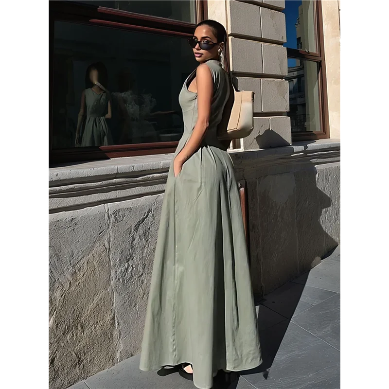 【SEE】 Abito longuette casual estivo diviso da donna con scollo a V profondo e maniche ad aletta con cerniera e vita elastica con tasche