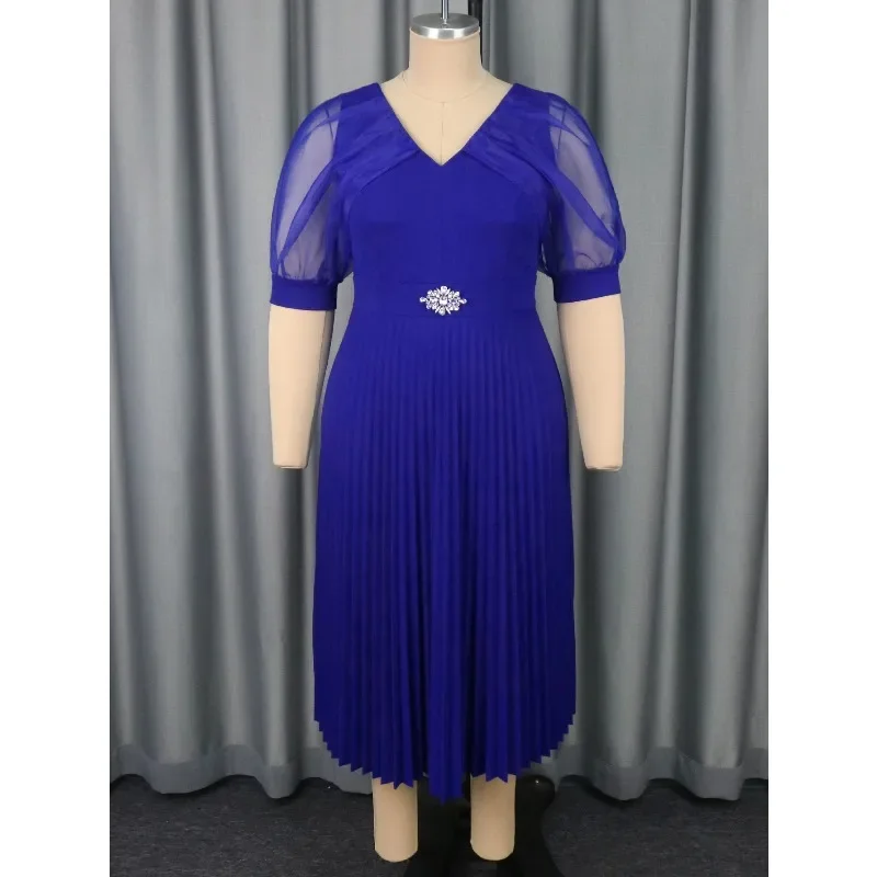 

Grace Women's V-Neck Midi Dress Blue Pleated Skirt Sheer Puff Sleeves with Rhinestone Accent Formal Party or Event Evening Gown