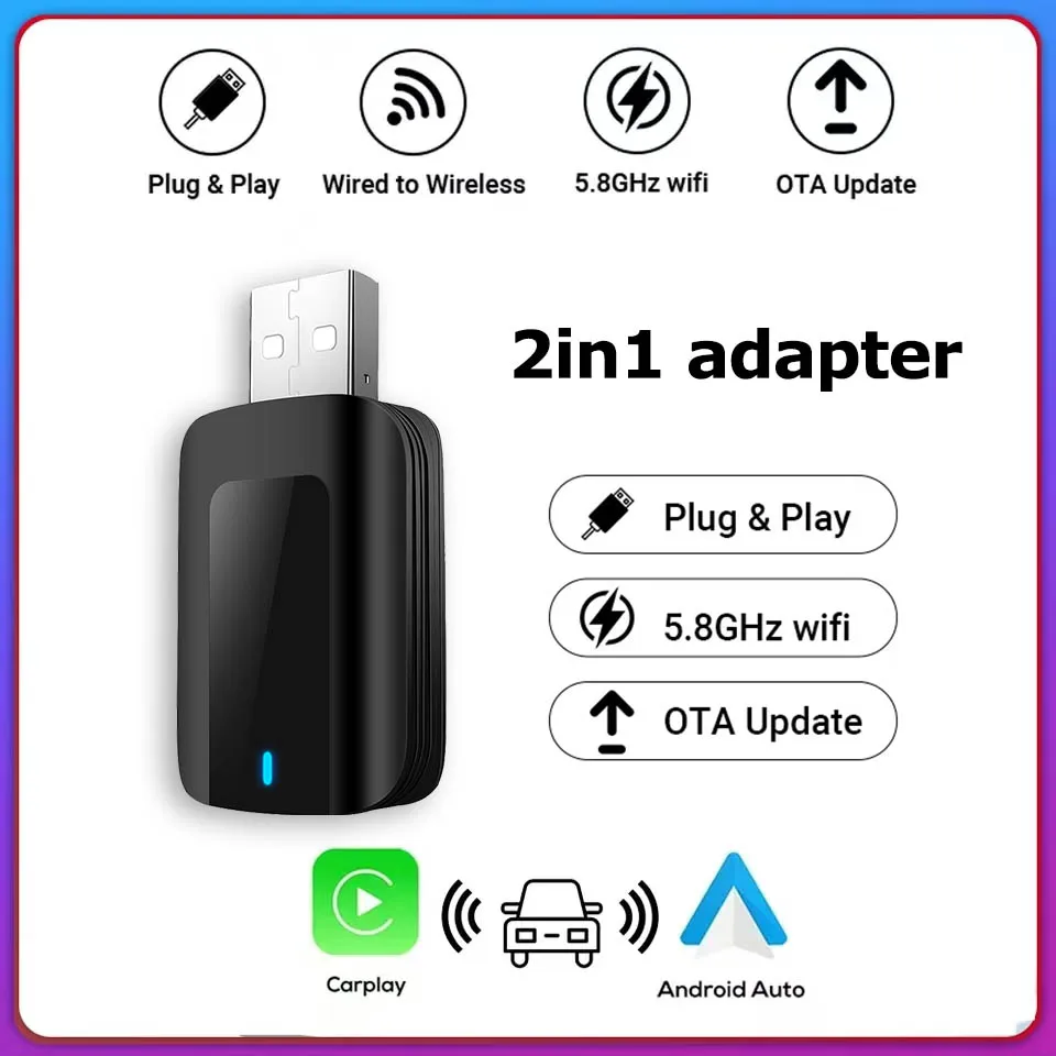 

New LED 2in1 Wireless CarPlay Adapter Android auto for iPhone Android Plug And Play WiFi Smart Mini Box Wireless CarPlay Dongle