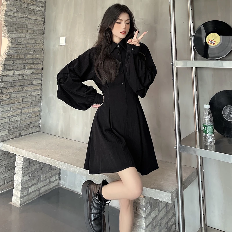 2022 New Plus Size 4XL Women Spring Gothic Y2K Black Shirt Dress Solid Long Sleeve Lapel Button Up Mini Dresses Girl Clothing