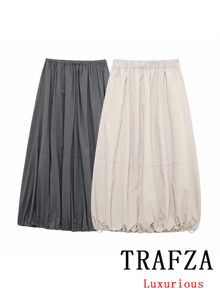 

TRAFZA Vintage Casual Chic Women Skirt Solid Drawstring Elastic Long Straight Skirt New Fashion 2024 Autumn Holiday Female Skirt