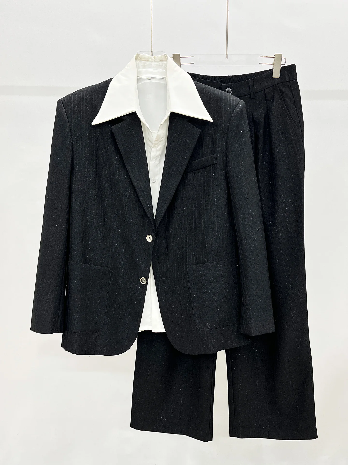 

Autumn Winter New Faion Loose Men's Suit Jaet Pure Color Pleated Straight Leg Pants Two Piece Set Trendy Casual Wear