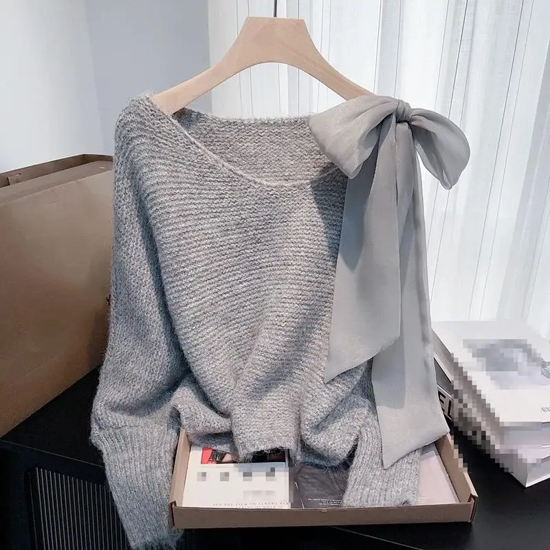 Lazy spicy girls style bat sleeve sweater women autumn winter new item sweet bow long sleeved knitted sweater women's short tops