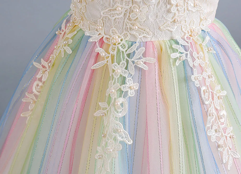 HETISO Rainbow Tulle Girl Evening Party Dress Long Lace Kids Pageant Gown For Weddings Christmas 6 8 10 12 14 Years
