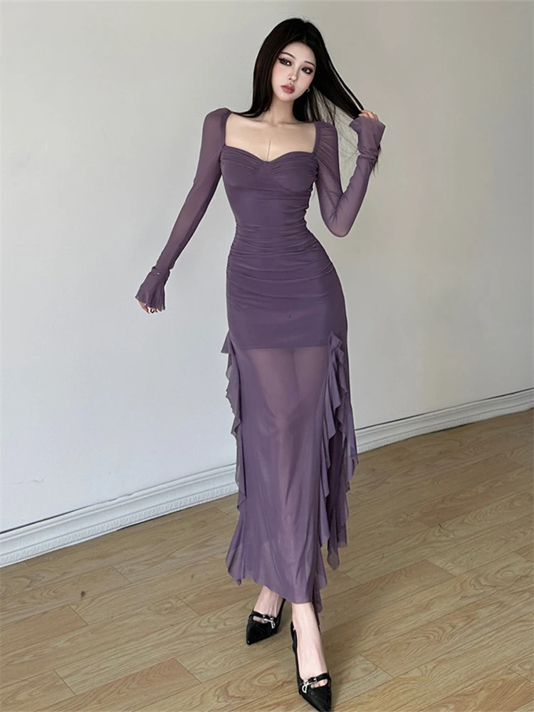 BWQ Winter Party Queen Purple Mature Sexy Beautiful Confident Elegant Graceful Women'S Translucent Thin Straight Dress