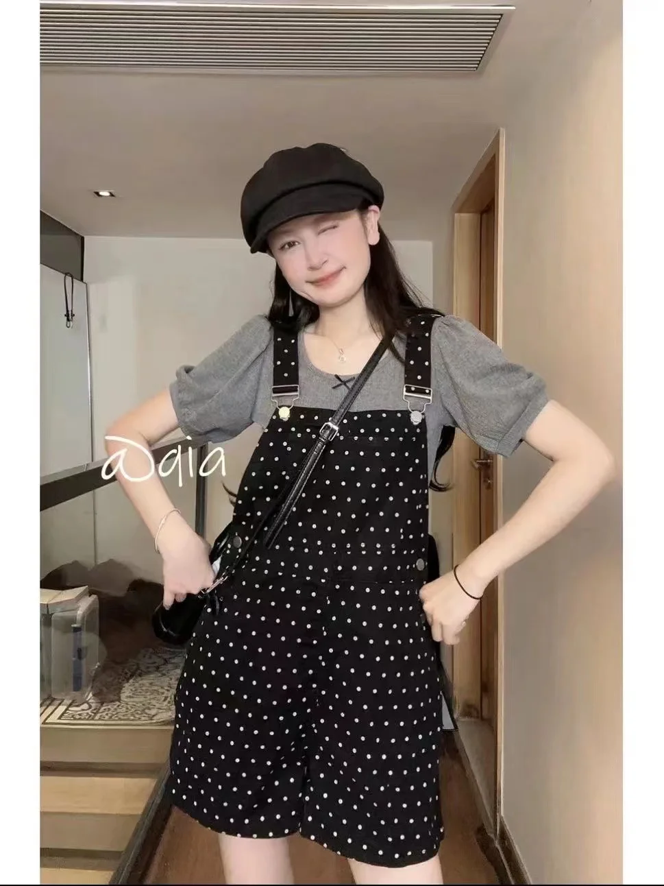 

Black Polka Dot Printed Denim Bib Shorts for Maternity Summer Fashion Loose Jumpsuits for Pregnant Women Pregnancy Overalls