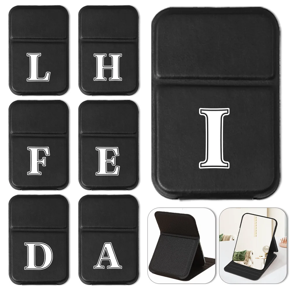 

PU Desktop Stand Mirror Compact Vanity Mirror Portable Hand-Held Beauty Tools Travel Accessory Gift Black White Letter Pattern