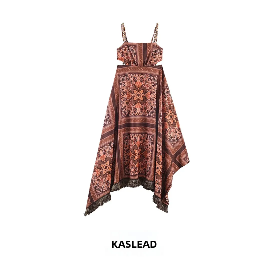 

Новое женское простое платье KASLEAD с этническим декором и бахромой, длинное, на бретельках, в стиле феи, без рукавов, из полиэстера