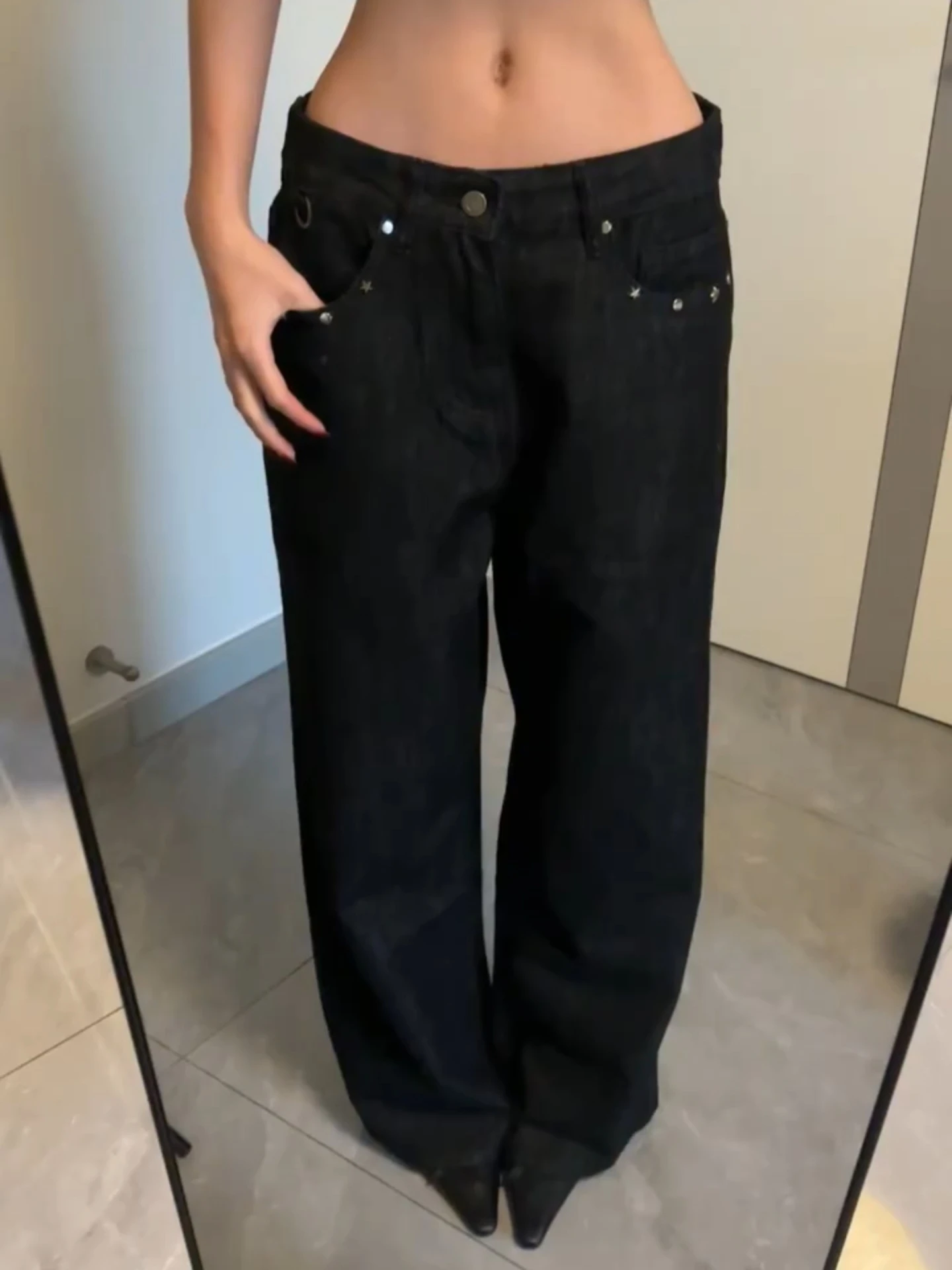 

Джинсы женские в американском ретро-стиле, больших размеров, свободные, прямые, повседневные, длинные брюки с заклепками, удобные, с высокой талией, из денима