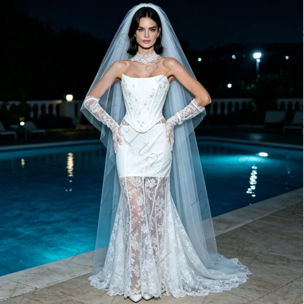 Customized Elegant Temperament Strapless Corset Sleeveless Lace Up Straight Wedding Dresses Exquisite Charming Bridal Gown