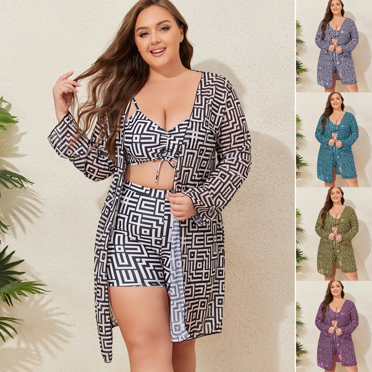 Plus Size Women Swimsuit New 3pc Bikini Set with Long Sleeve Cover-Up High-Waisted Boyshorts Separates Beachwear Bathing Suit
