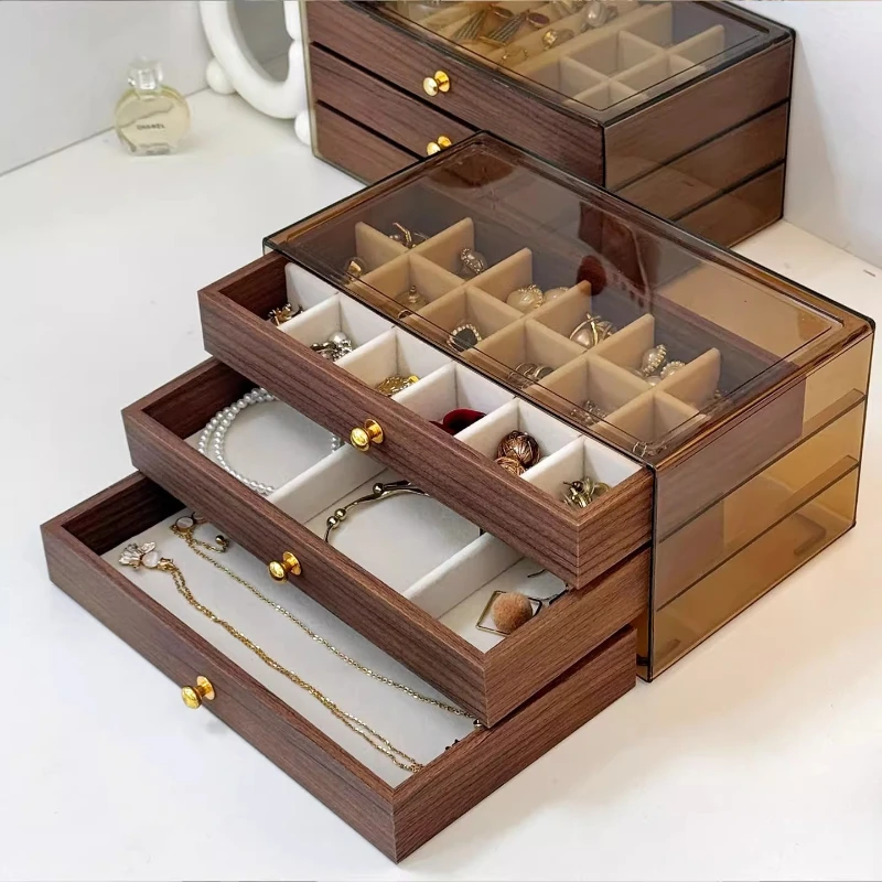

1pcs Walnut Wood Grain Jewelry Box High-end New Three-layer Necklace Earring Arrangement Jewelry Storage Box