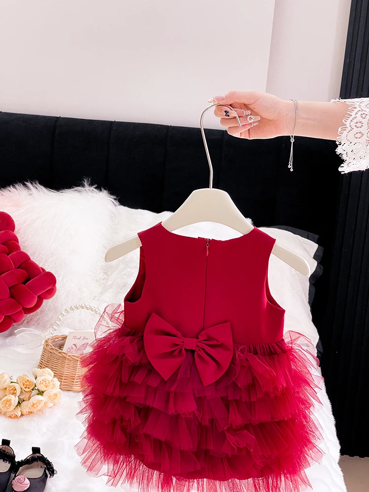 Vestido de Verão para Meninas Princ Sle, Saia em Camadas, Moda Infantil 2025, Outros Materiais de Verão