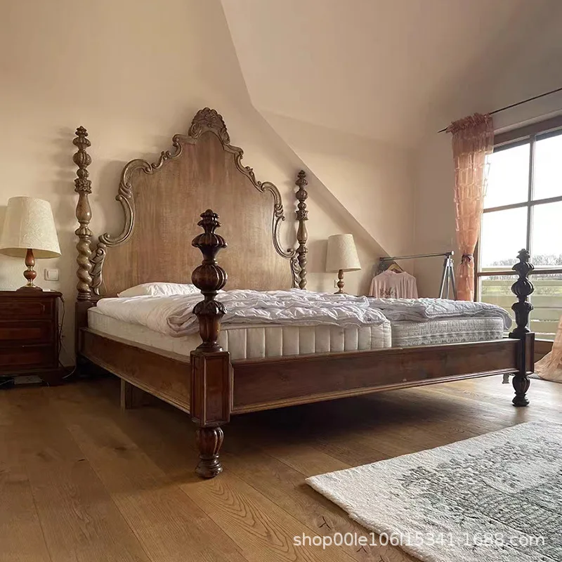 Vintage solid wood carving flower high back medieval bedroom hotel homestay roman column wedding bed princess bed double bed