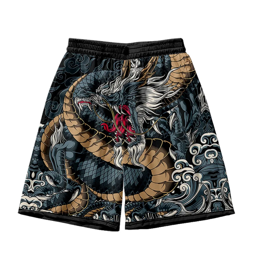 Sweatshort de praia estampado dragão chinês masculino, casual de streetwear solto, shorts plus size, verão, 2022