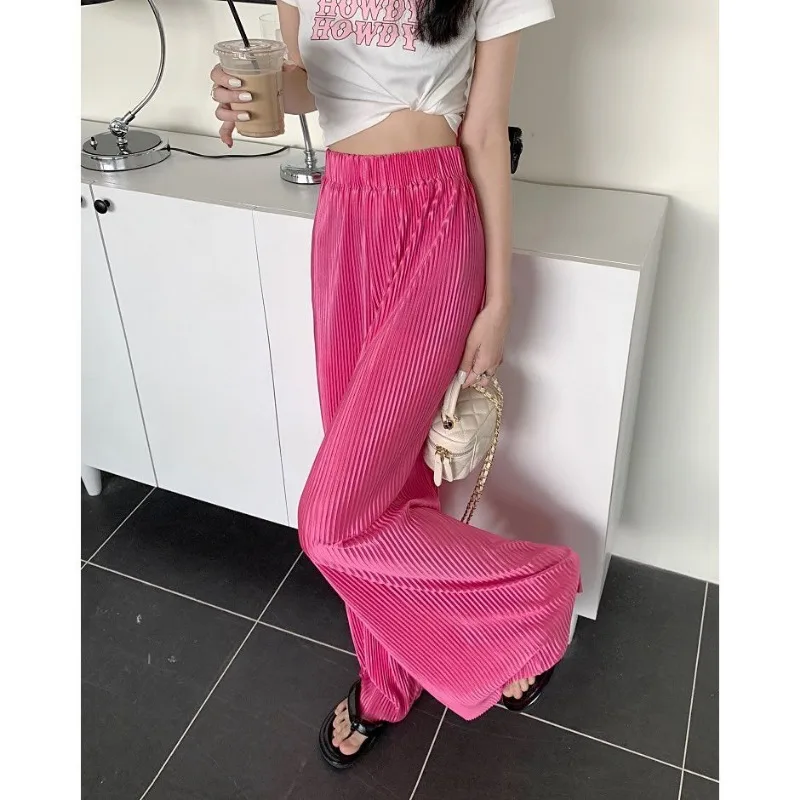 Ice Silk Cool Straight Leg Pants Women\'s High Waist Drap Pressed Pleats Style Wide Leg Pants Loose Casual Full Length Pants