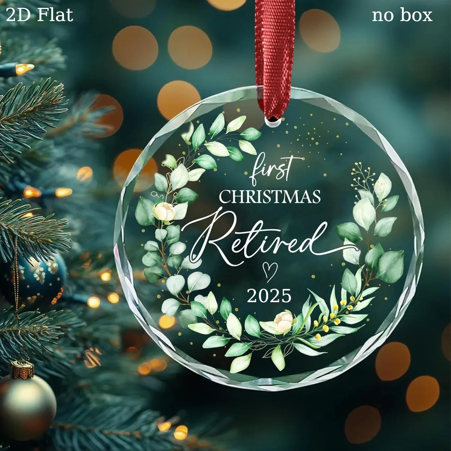 

2D плоские, 1 шт., первое рождественское украшение на пенсию - круглый стеклянный сувенир длиной 8 см с цветочным рисунком и сердечками, рождественские украшения