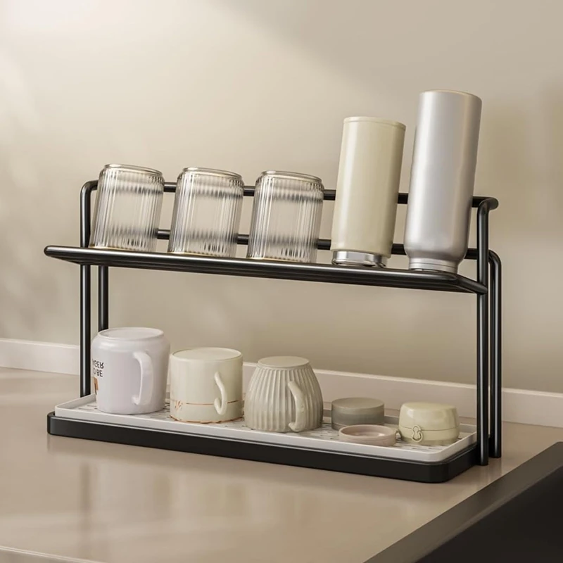 Bottle Drying Rack Cup Storage Rack with Drainage Tray Kitchen Mug Organizing Rack White-ABLL