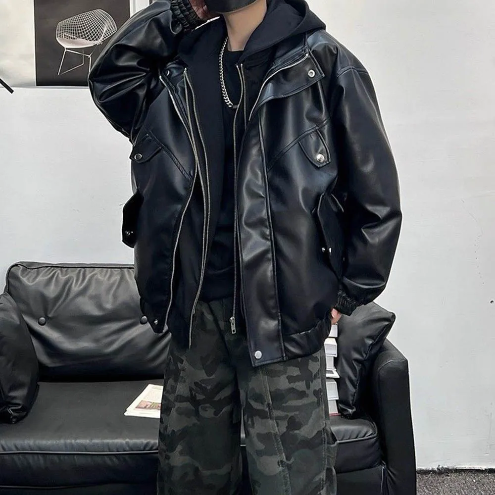 Mens Autumn Pu Leather Motorcycle Biker Pu Jacket Streetwear Fashion Youth All-Match Long-Sleeved Jacket Men'S Clothing 2025 New