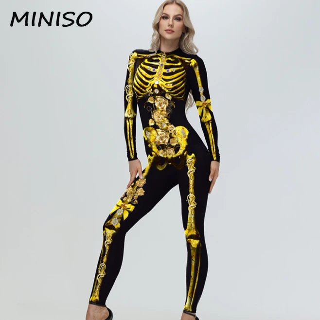 MINISO Cosplay Golden Skeleton Costume for Woman Halloween Catsuit Elastic Zentai Suit Festival Performance Outfit Jumpsuit