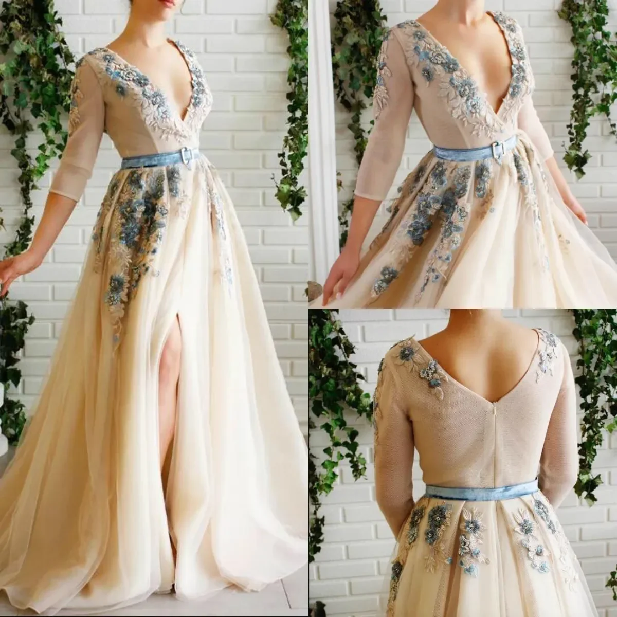 

2024 Elegant Lace 3D Floral V Neck Prom Dresses Appliqued Side Split Evening Dress A Line Three Quarter Sleeve Party Gowns