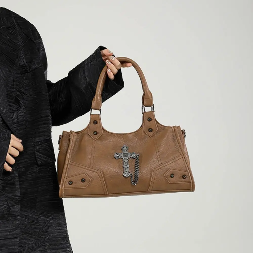 

PU Leather Gothic Cross Crossbody Bag Large Capacity Fashion Design Locomotive Style Underarm Bag Retro American Style
