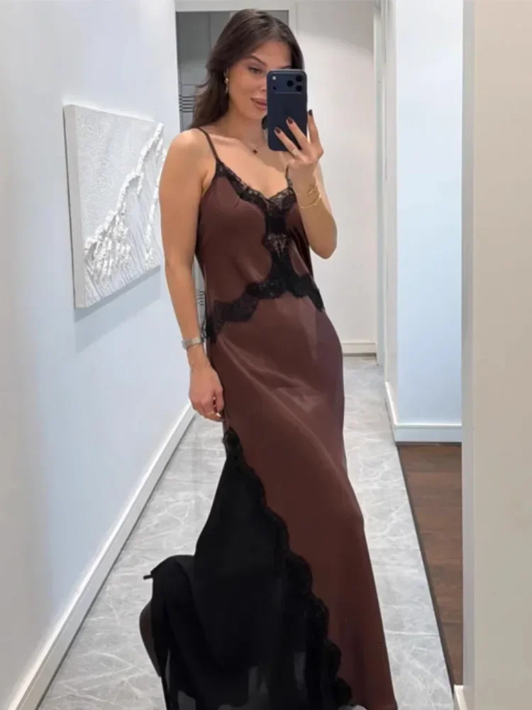 

Женское сексуальное кружевное платье макси с пэчворком, шикарное атласное длинное платье без рукавов с открытыми плечами и спиной, вечернее платье для вечеринок 2026