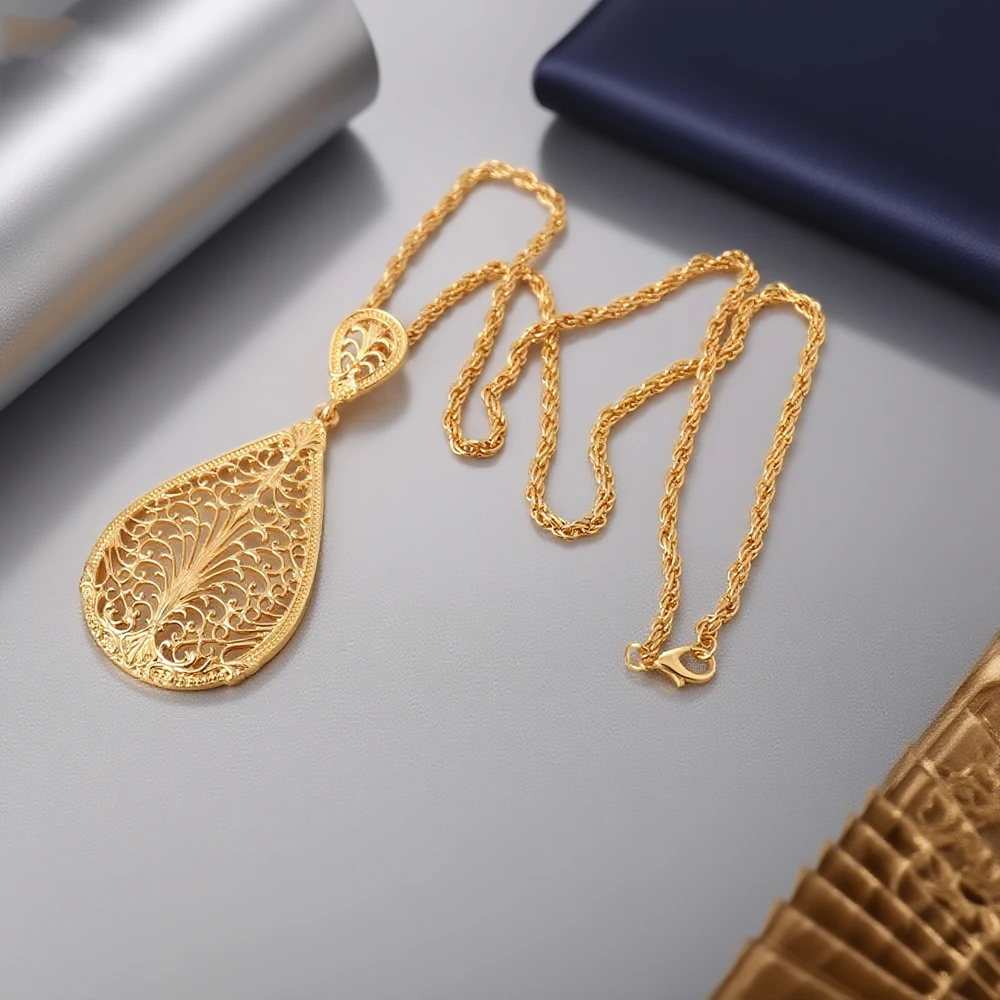 Women's Gold Plated Water Drop Pendant Necklace Moroccan Bridal Middle East Festival Wedding Jewelry