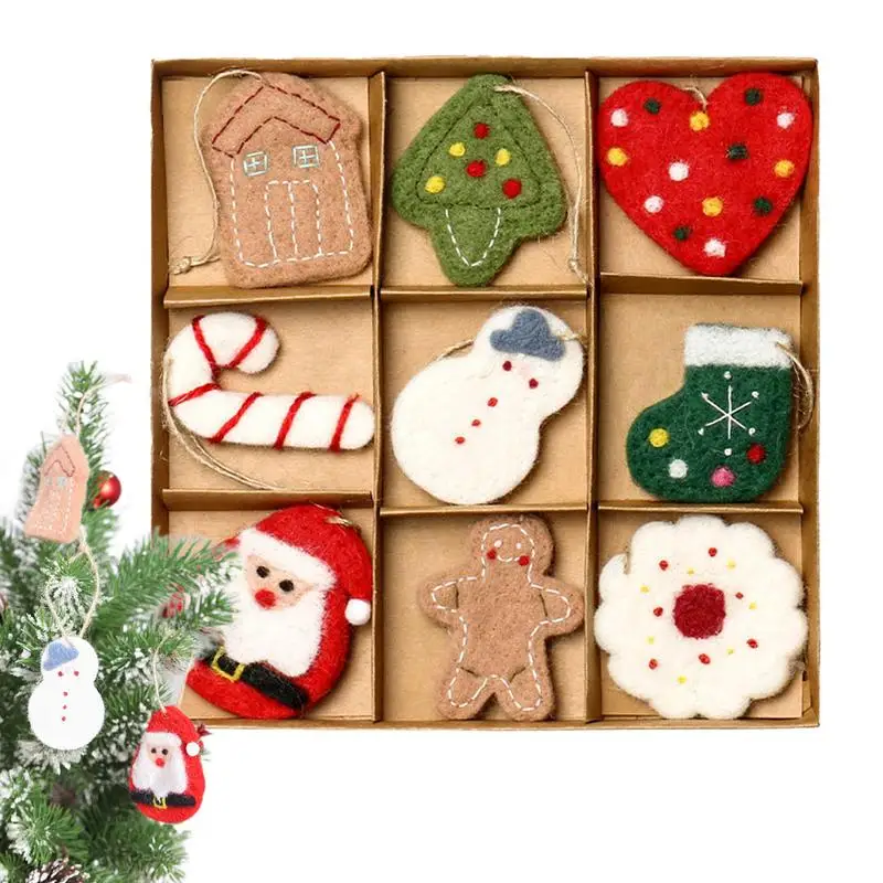 9Pcs Wool Felt Christmas Pendants Hand Sewing Felt Gingerbread Snowmen Xmas Tree Wreath Hanging Holiday Ornament Party Favors