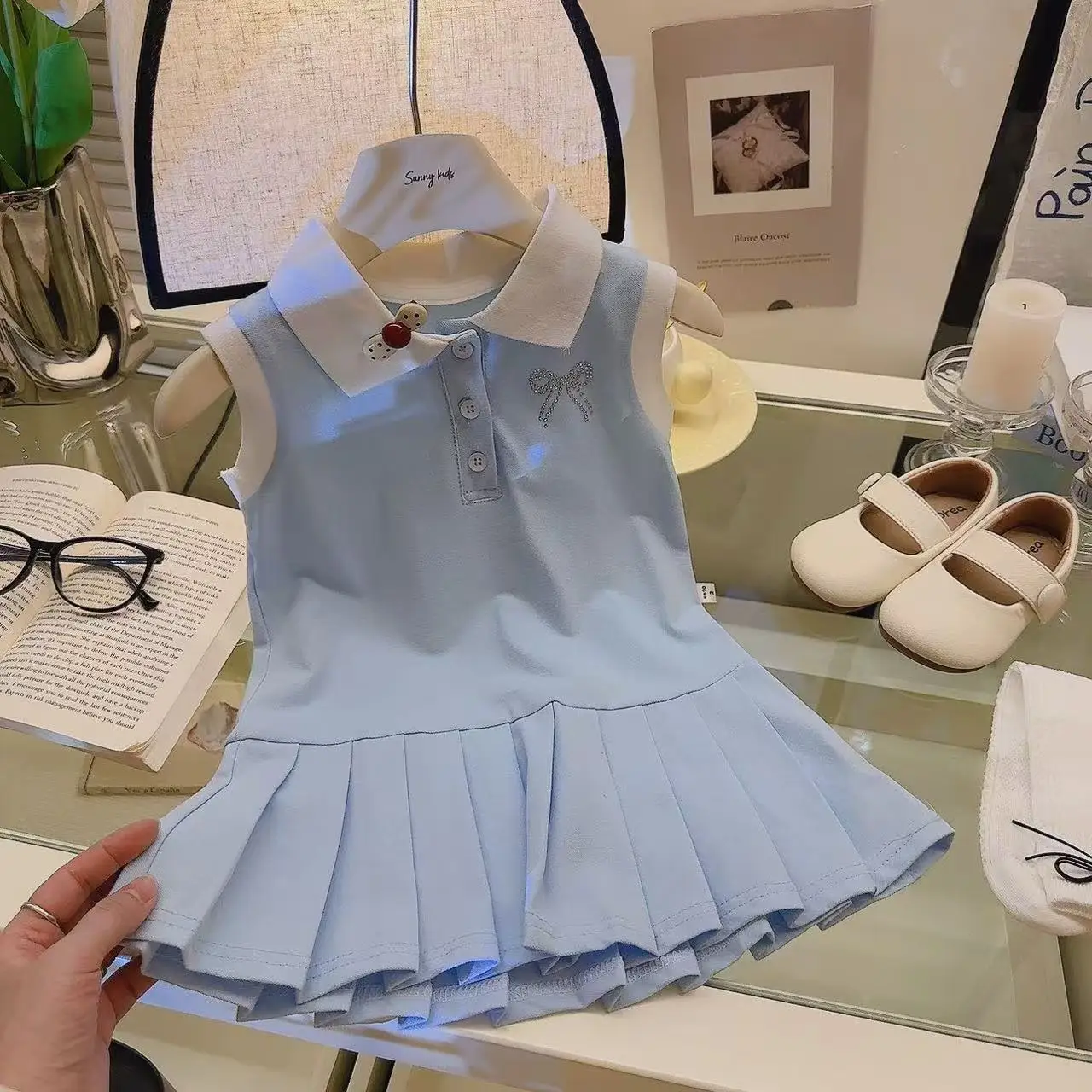 

2025 New Girls' Summer Dress Children's Casual POLO Collar Pleated Skirt Baby Girl Princess Dress Vest Dress 80-150CM