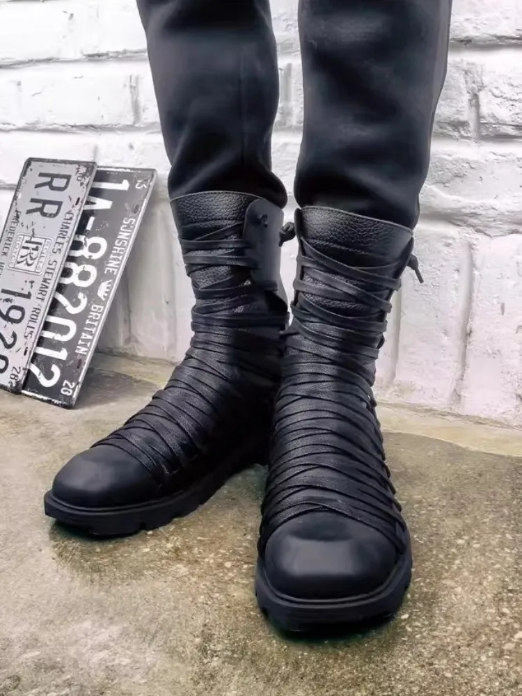 Gothic Mens Genuine Leather Shoes Punk Style Zip Men Genuine Leather High Top Sneakers Autumn Square Toe Motorcycle Boots Male