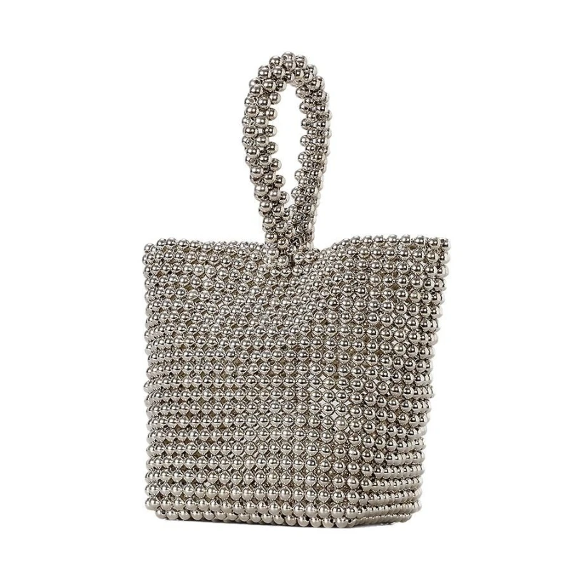 

Vintage Handmade Ladies Handbag Weave Beaded Fashion Silver Color Shining Sequin Shoulder Bag Clutches Womens Party Handbag