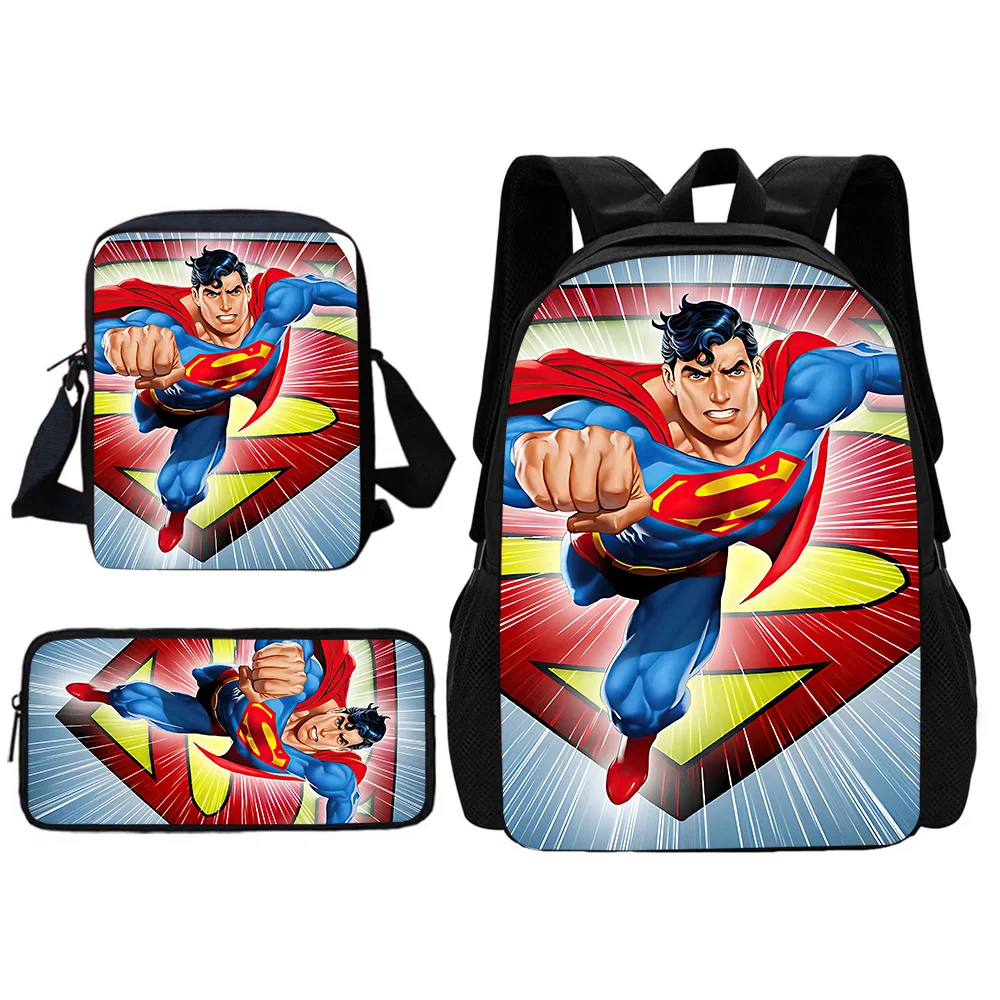 Cartoon S-Supermans Logo Mochila Escolar com Bolsa de Ombro para Meninos e Meninas, Sacos Lápis, Melhor Presente