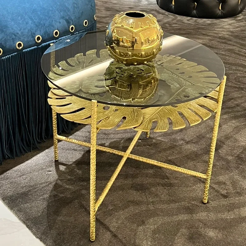 Italian-style light luxury pure copper coffee table, modern minimalist living room home round brass leaf combination, designer s