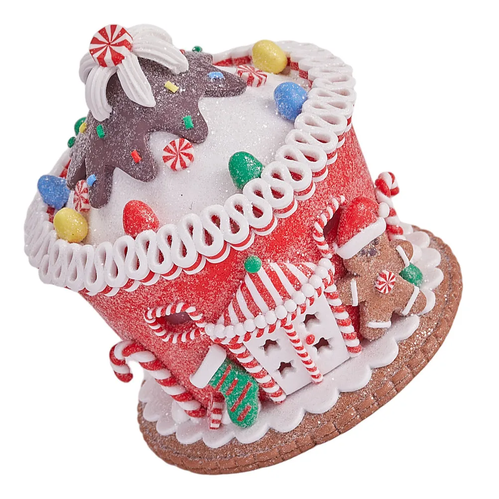 Resin Gingerbread House Pastel Macaron Color Light Up Christmas Castle Tabletop LED Holiday Village Accent Festive