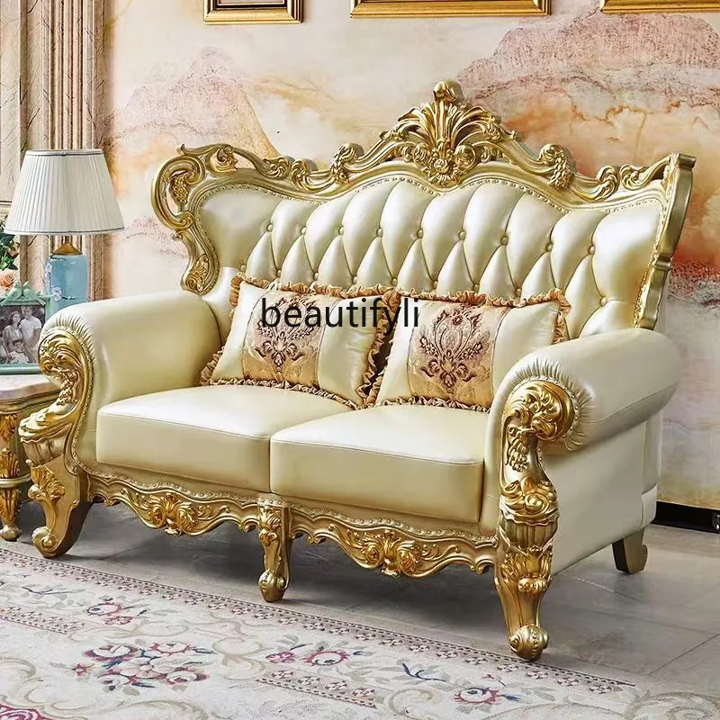 

European solid wood sofa luxury living room three people gold carving decoration double combination