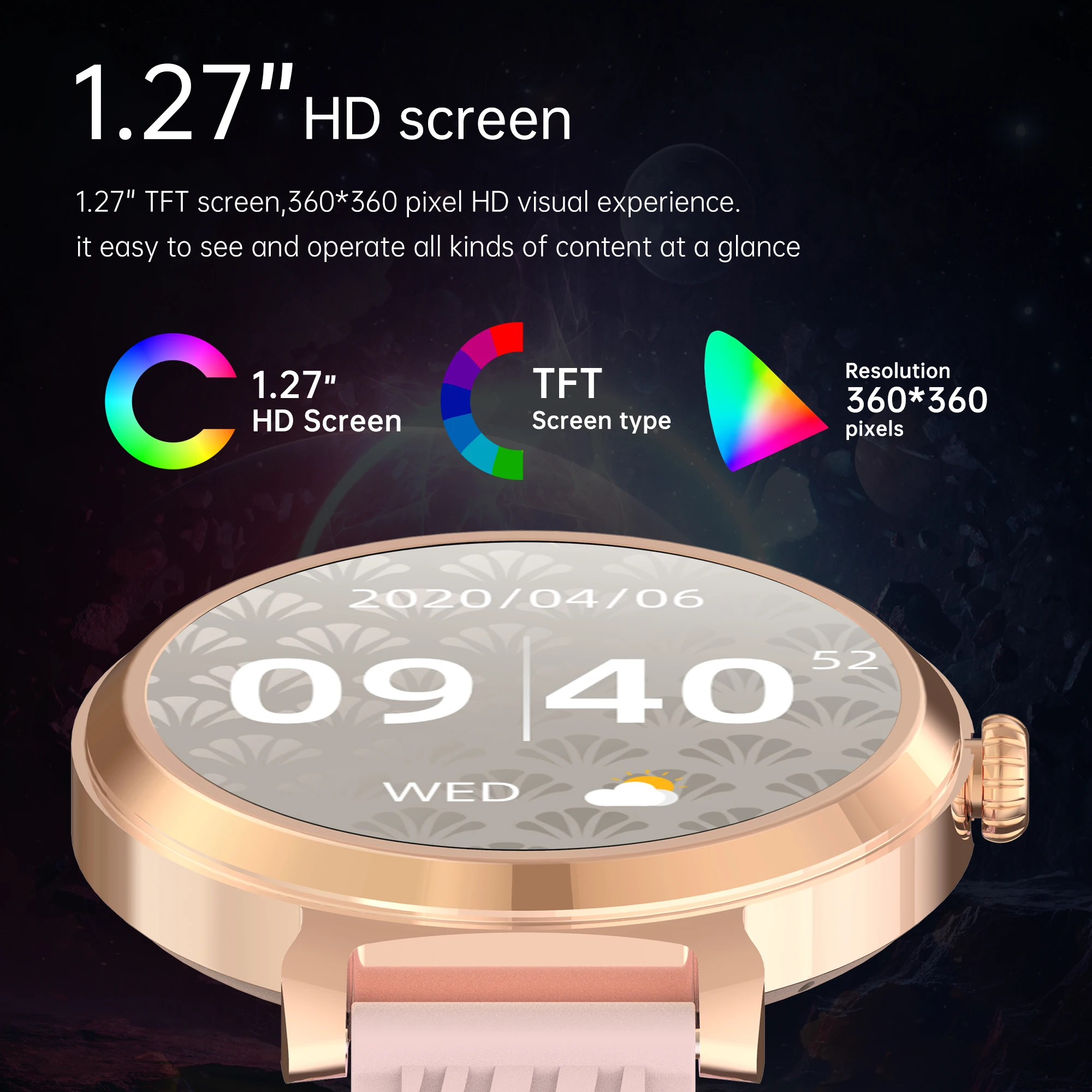 Smartwatch feminino RAYSORA, tela de 1,27 polegadas, IP67 à prova d'água, bateria de 290mAh, chamadas sem fio, compatível com Android/iPhone