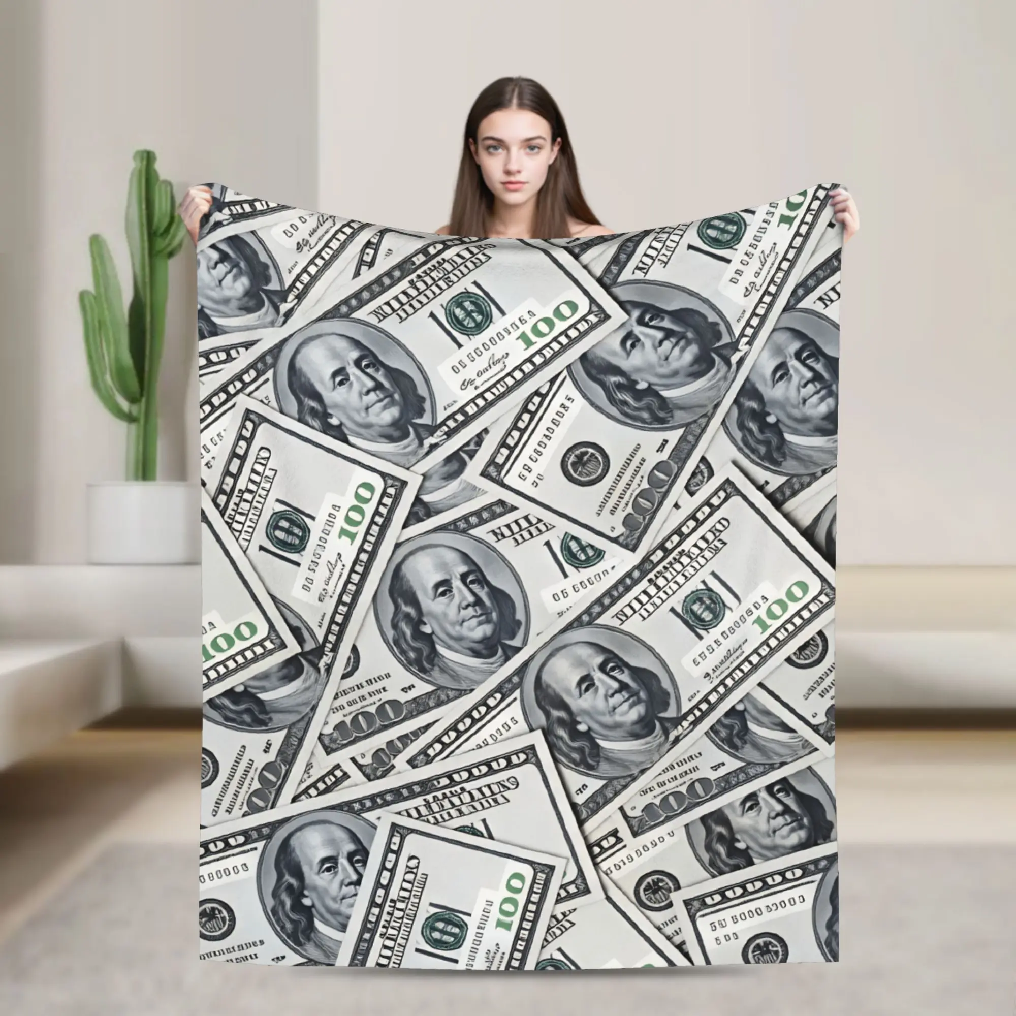 One Hundred Dollar Bills Warm Soft Blanket  Funny Travel Office Throw Blanket Couch Chair Flannel Bedspread Sofa Bed Cover