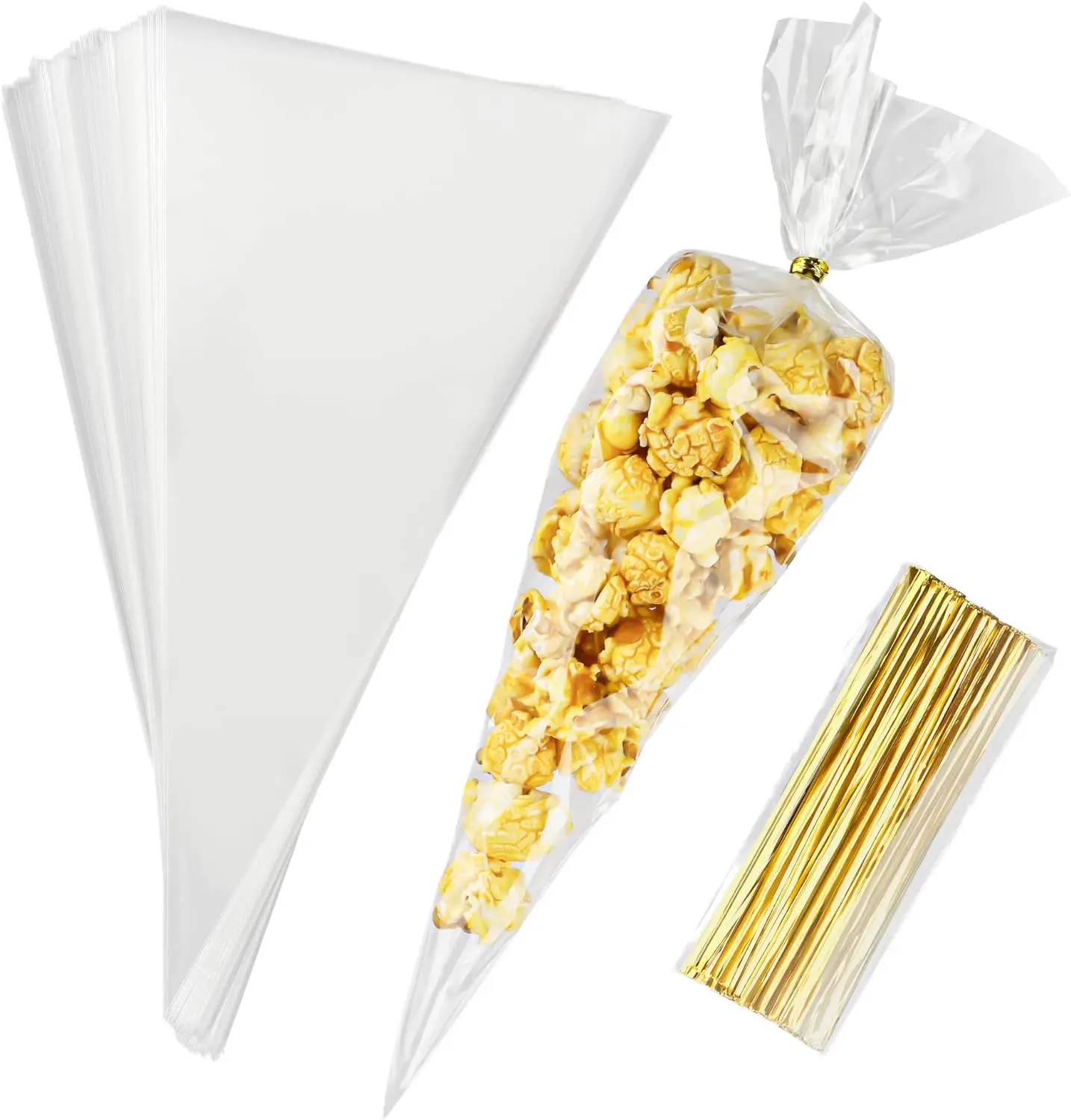 100pcs Cone Shaped Cellophane Treat Bags Clear Popcorn Bags with Twist Ties for Gift Servings Party Favor Snack Wraps Packaging