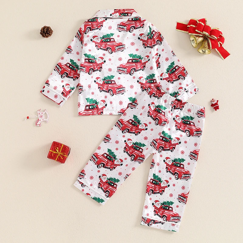 Kindermeisjes Kerstpyjama Set Santa Claus Print Overhemd Met Lange Mouwen En Elastische Broek Loungewear Nachtkleding