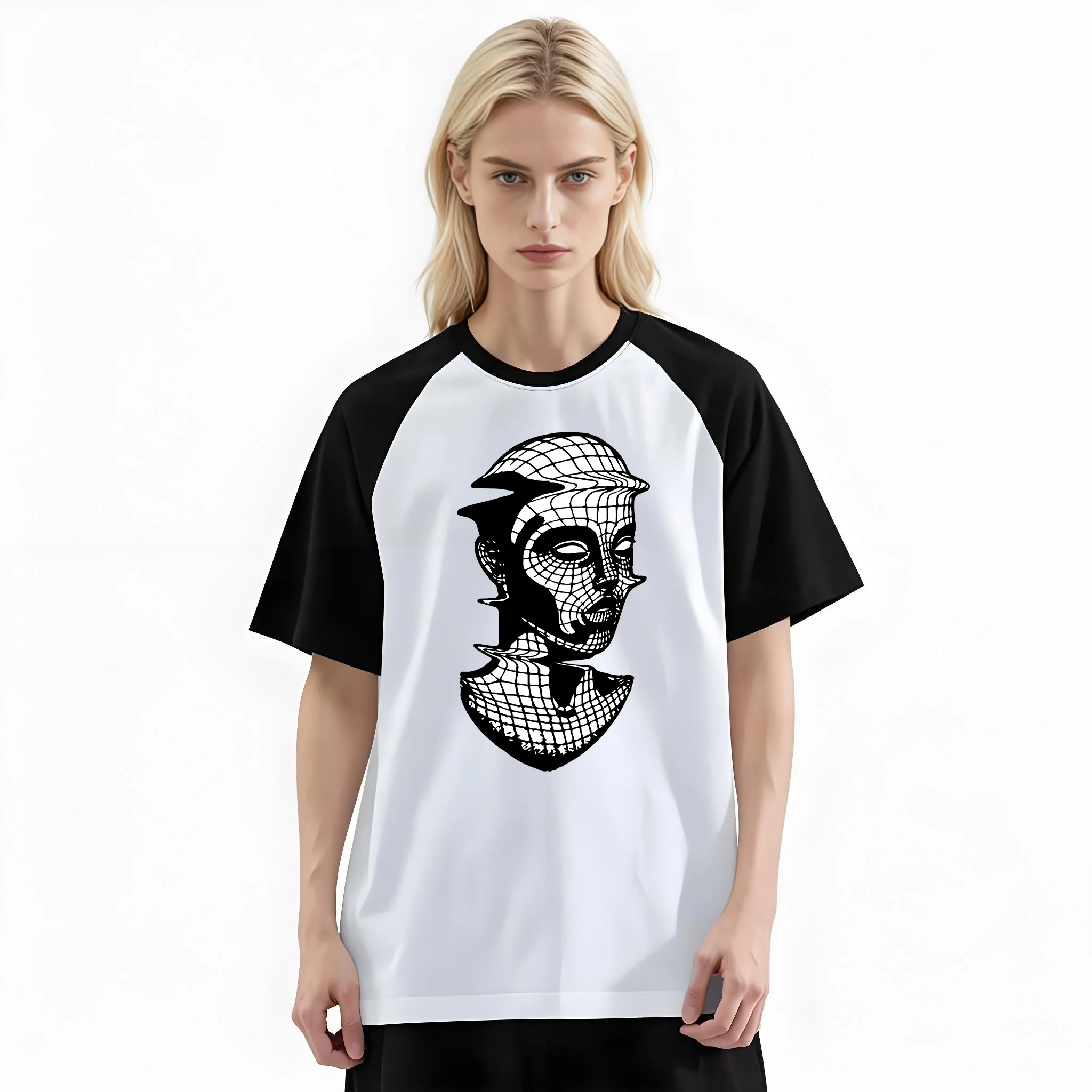 Women'S Fashion Raglan Sleeve T-Shirt, Mesh Line Lady Face Abstract Tattoo Printed, Summer Casual Comfortable Tee, Women'S Everyday Short-Sleeve Top