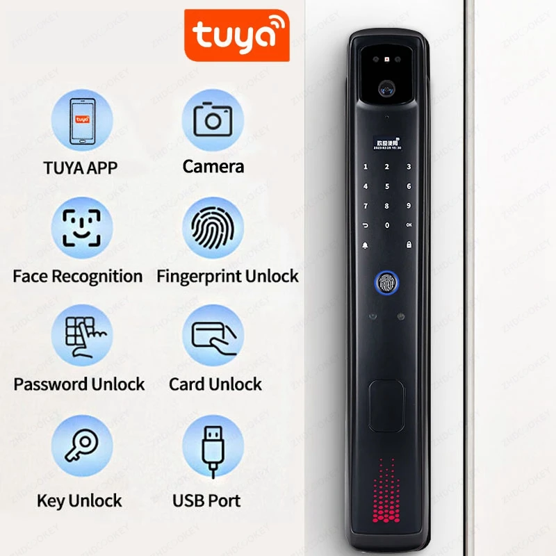 Imagem -02 - Face Recognition Tuya Smart Electronic Door Lock Wifi App Senha de Impressão Digital Código ic Card Chave Biométrica Voice Intercom 3d