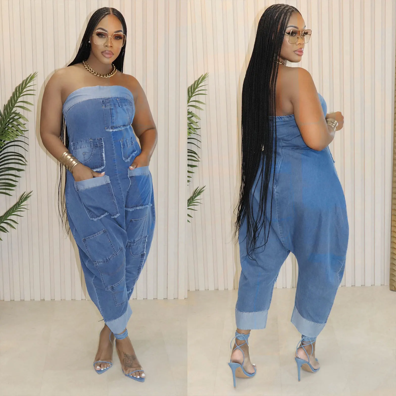 Women's 2025 new denim workwear multi-pocket patchwork washed label loose sleeveless jumpsuit