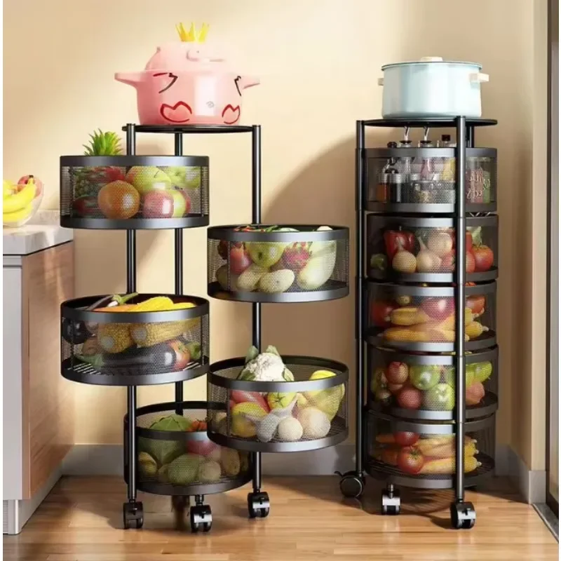 Kitchen 3/4/5 Tier Stackable Metal Wire Storage Organizer Fruit Vegetable Rotating Baskets with Rolling Wheels